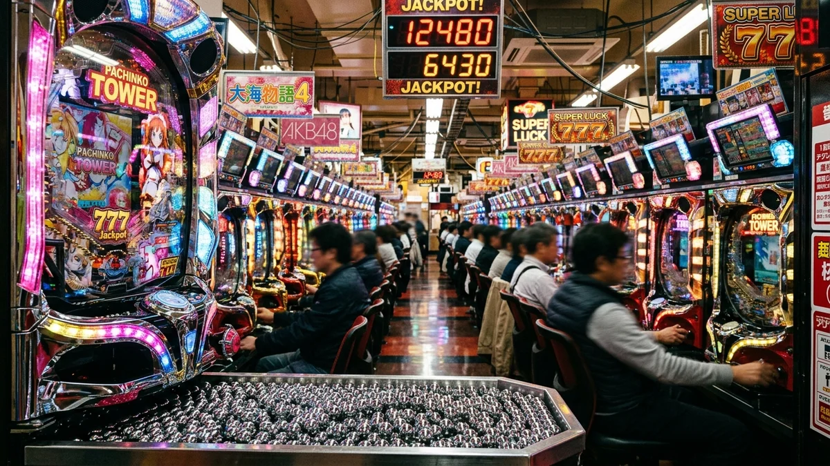 A brightly lit Japanese pachinko hall